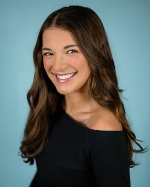 Studio headshot series against a light blue background showing warm expressions and natural poses.