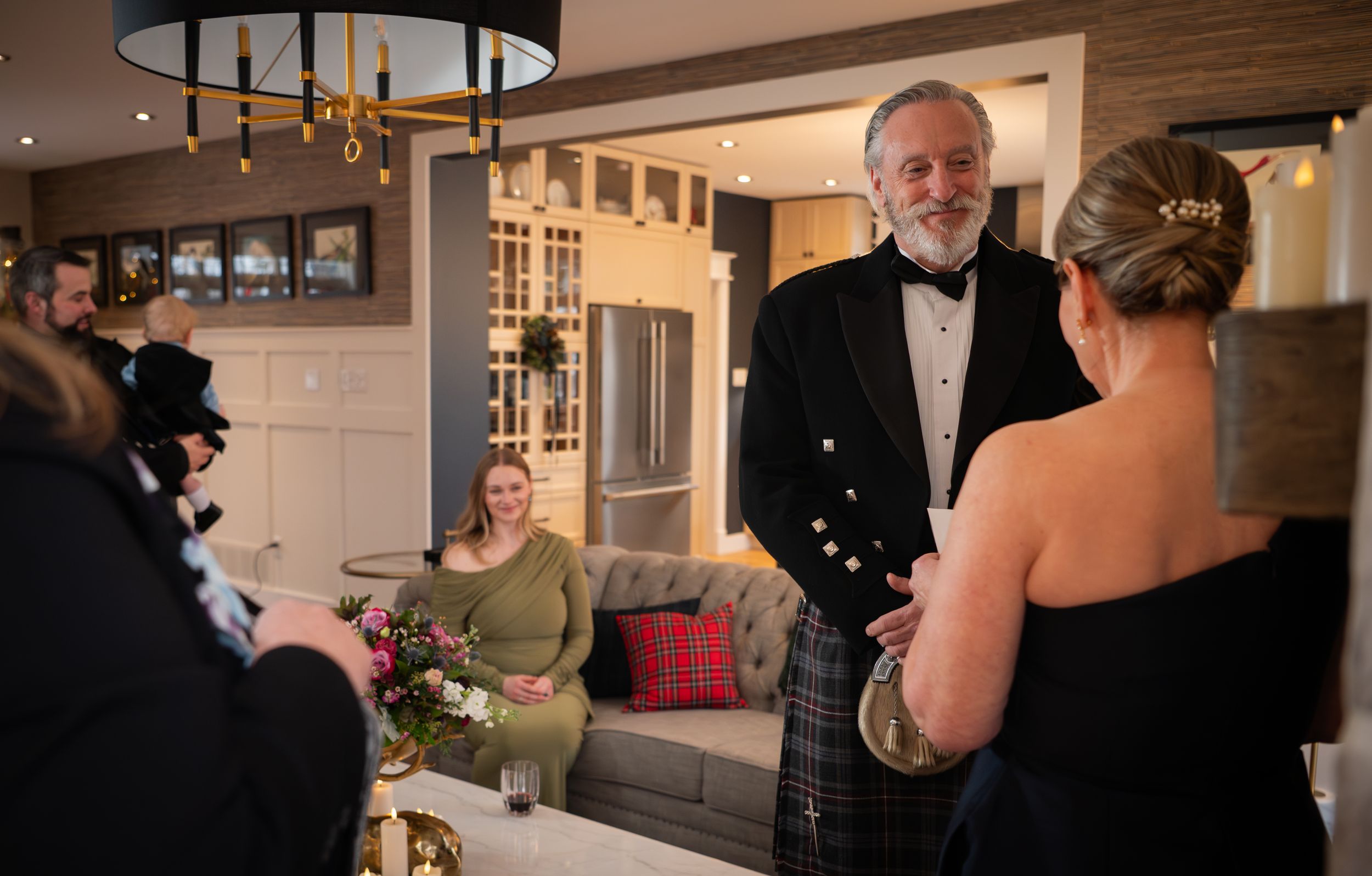 A sequence of candid moments from a formal wedding reception showing guests and couples in elegant attire.