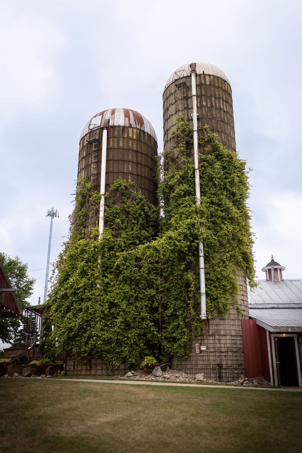 Four tall concrete silos stand next to a red barn building under an overcast sky with green trees in the foreground.