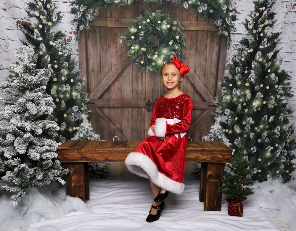 Festive winter photo setup with snowy Christmas trees, wooden bench and rustic barn door backdrop.
