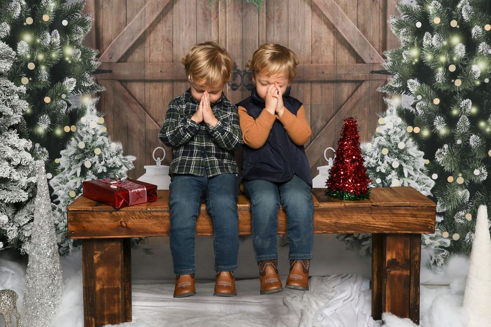 Winter holiday photo setup with rustic wooden bench, flocked Christmas trees and festive decorations.