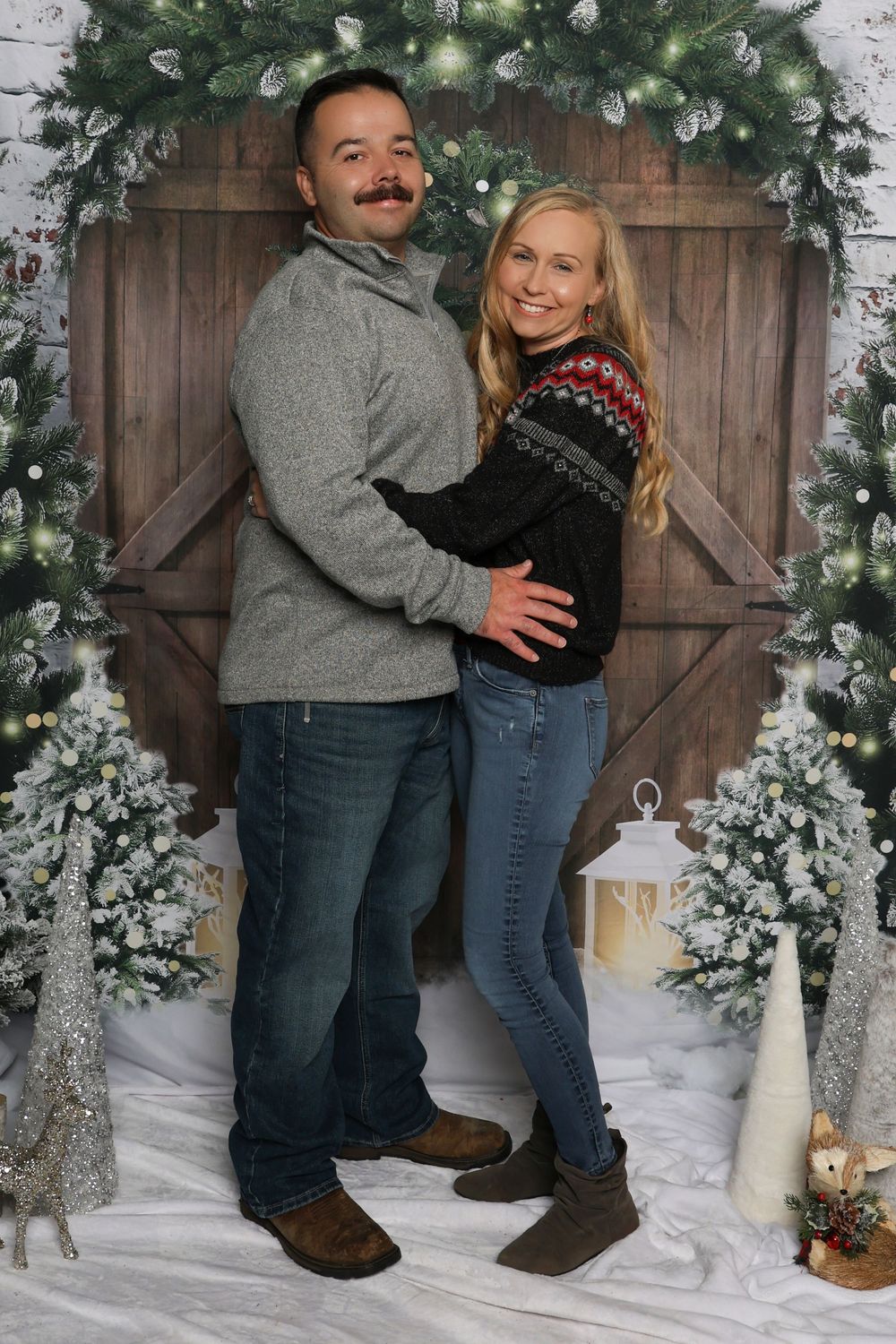 Cozy winter photo scene with snow-covered trees, wooden backdrop, and lantern decorations.