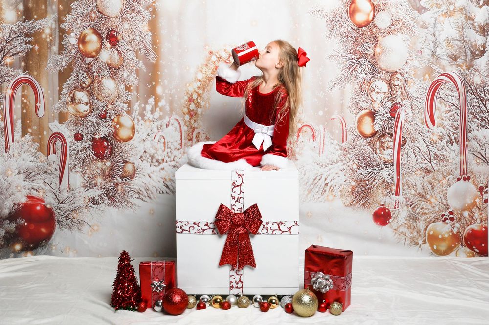 Dreamy winter wonderland photo setup with red and white decorations and twinkling lights.
