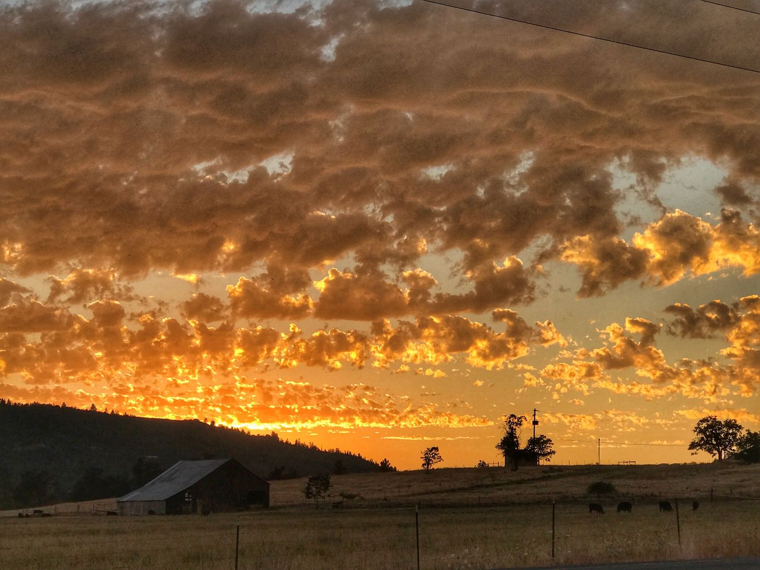Dramatic orange and gold sunset clouds stretch across the horizon over a silhouetted rural landscape.