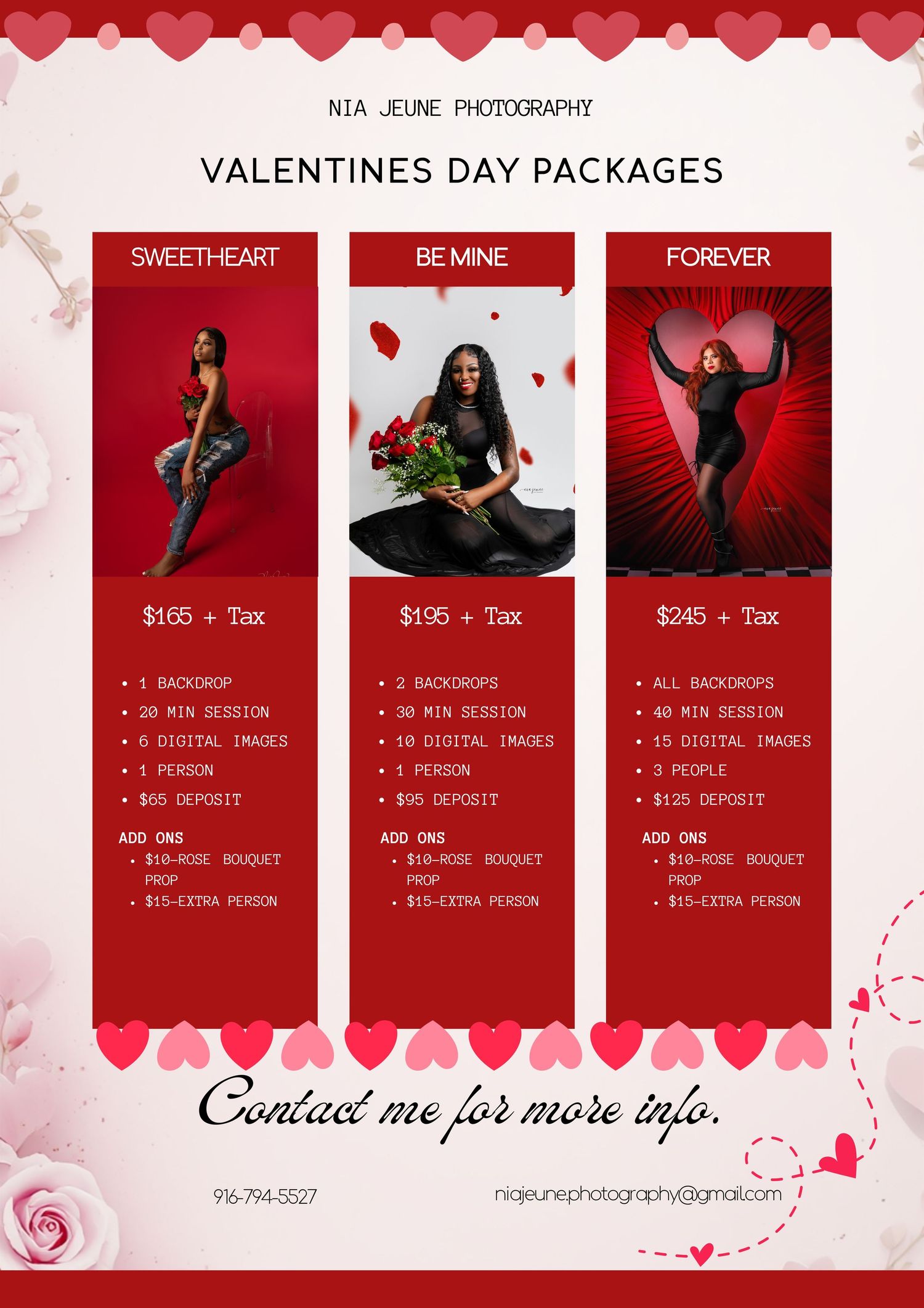 Valentine's Day photography packages pricing banner with red hearts and three tiers of photo session options.