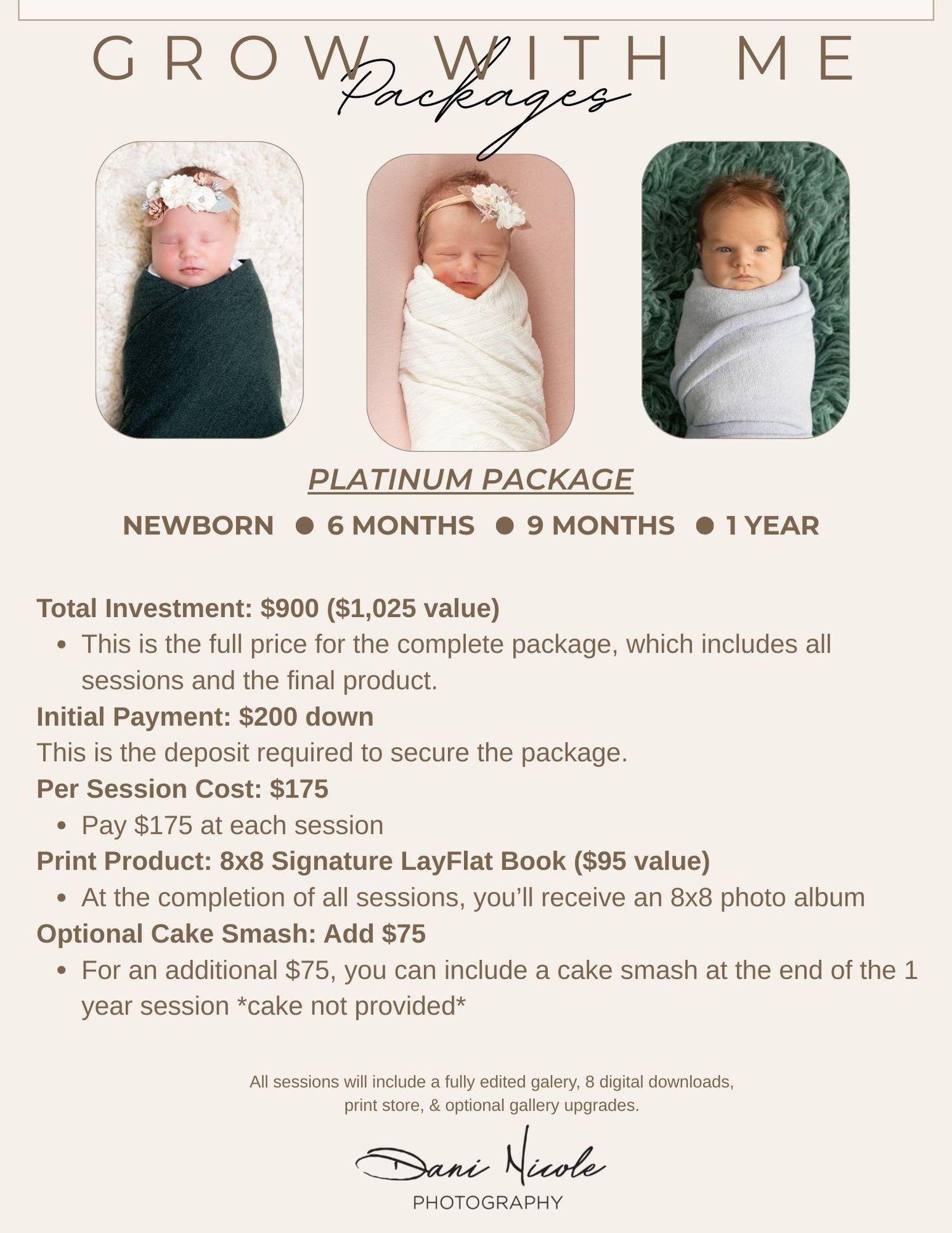 Photography package pricing details for Platinum tier baby milestone photo sessions.