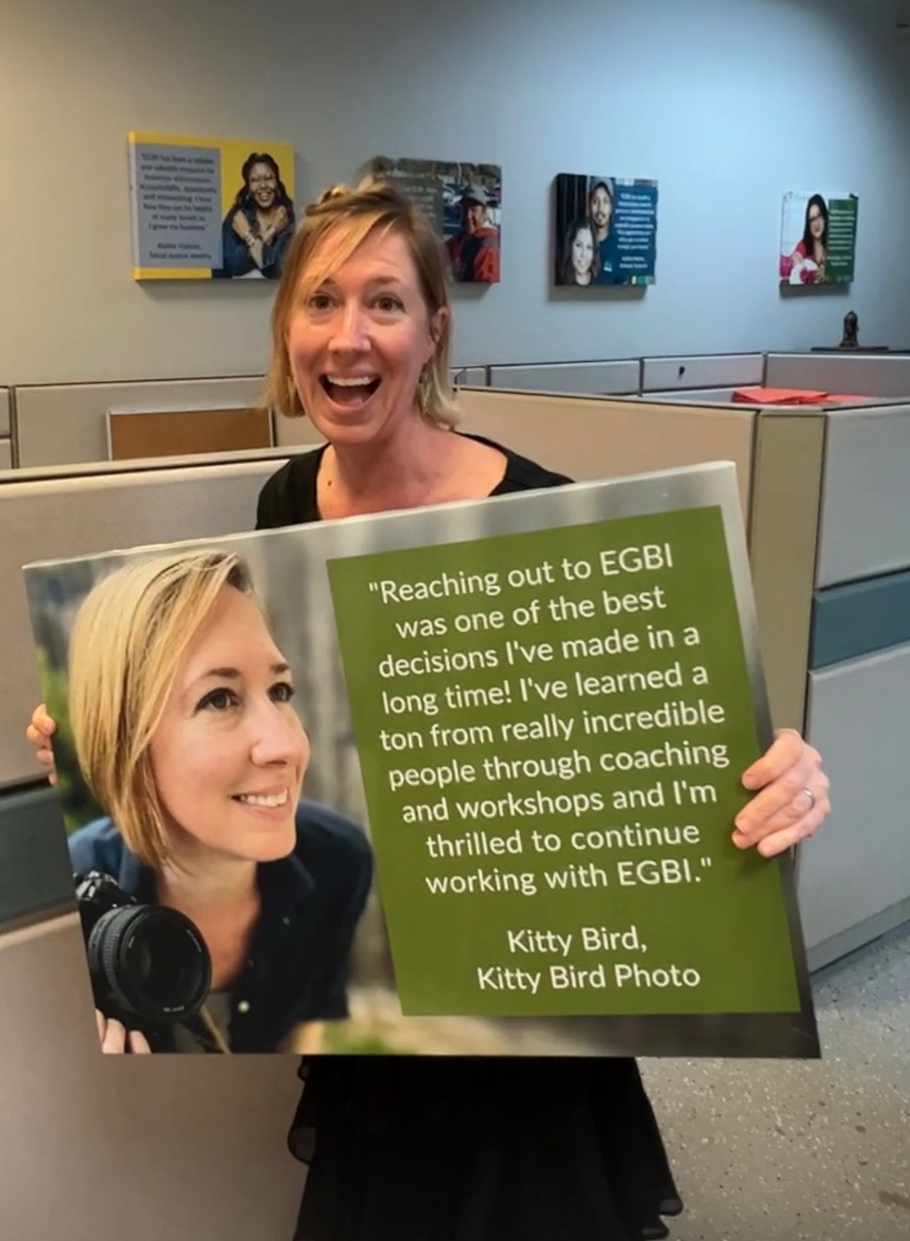 A series of testimonial photos showing people in headsets with green text overlays sharing positive feedback about EGBI.