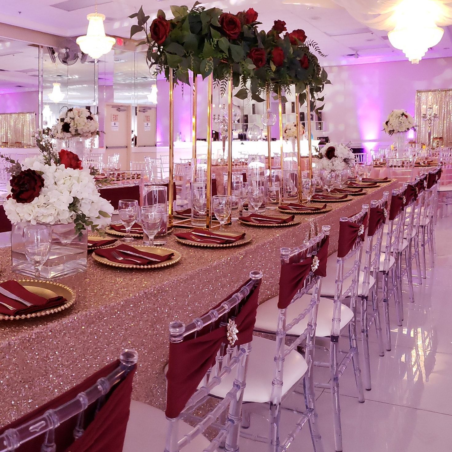 Fort Worth quinceañera venue captured during real event, showing elegant décor flow and spacious guest seating arrangement