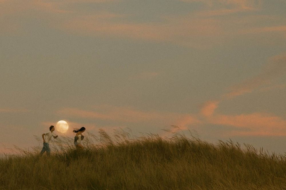 Couple silhouetted against a glowing full moon rising over a grassy dune.
