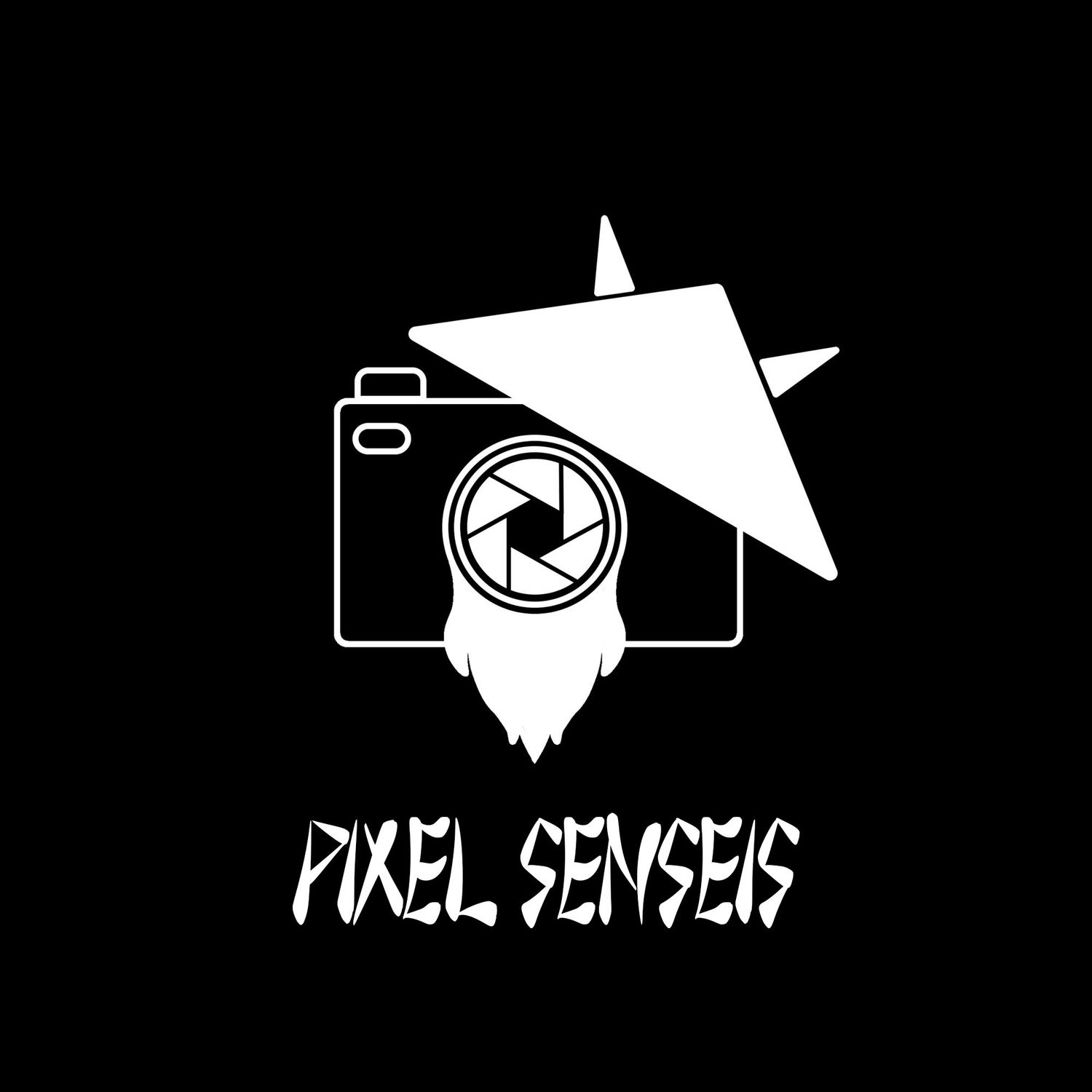 Minimalist white logo design of camera with traditional japanese hat and beard silhouette on black background.