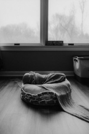 Black and white image of a swaddled newborn baby resting on a blanket near a window ledge.