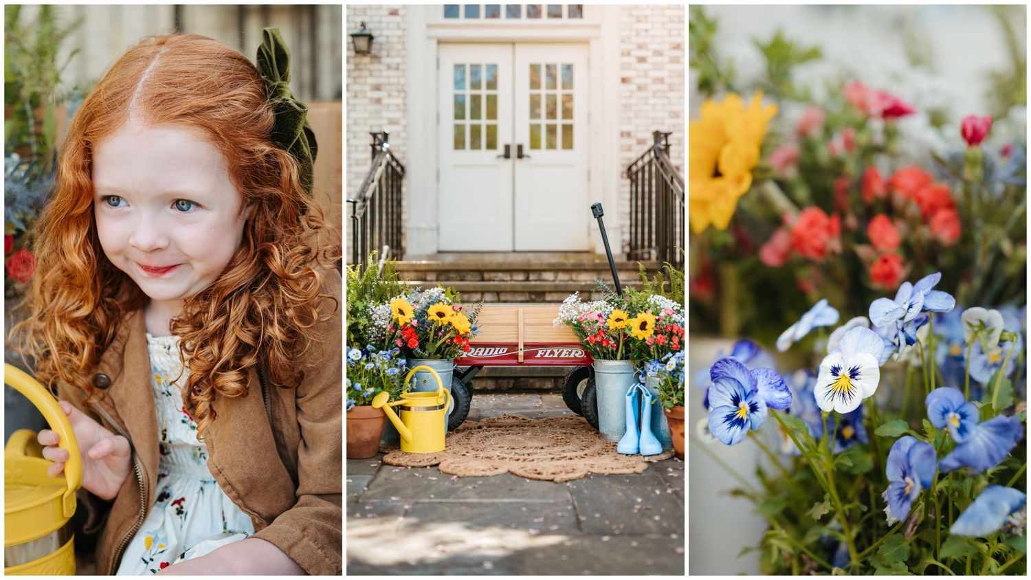 Three summery portraits of children sitting in mint green chairs against blooming purple flowers and foliage.