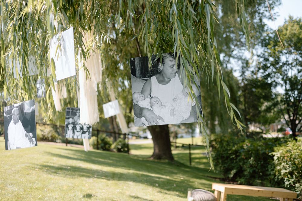 Black and white photographs hanging from clotheslines under a drooping willow tree in a sunny garden setting.