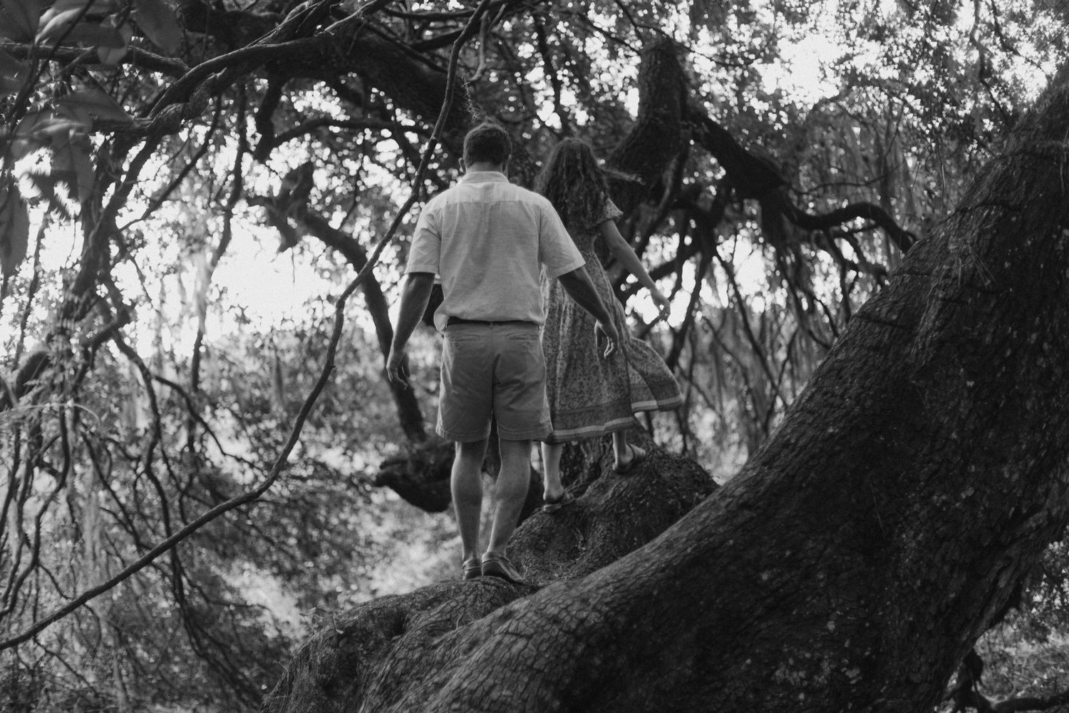 A black and white photo of two people climbing on a large tree trunk.