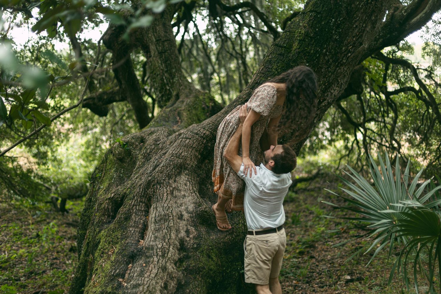 Two people help each other climb down from a large tree trunk in a garden setting.