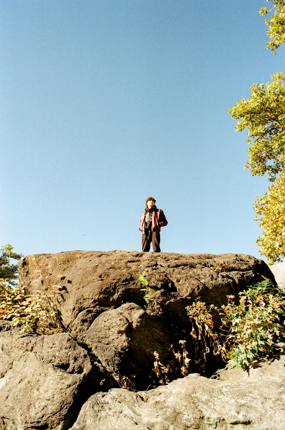 Person in dark clothing photographed atop large boulder formation with yellow autumn trees.