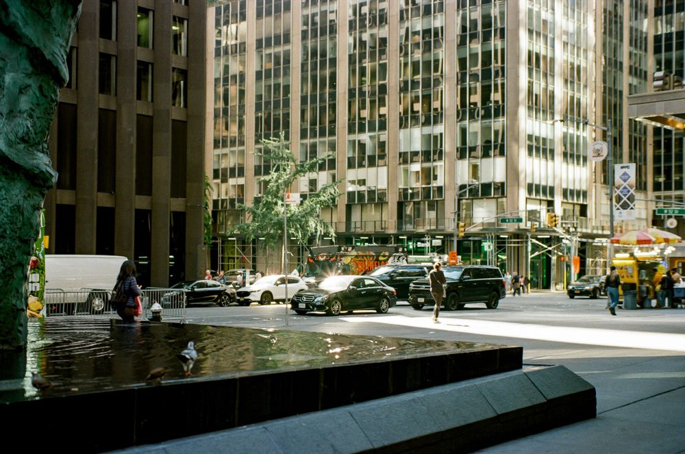 Wet city street with modern office buildings and urban architecture.