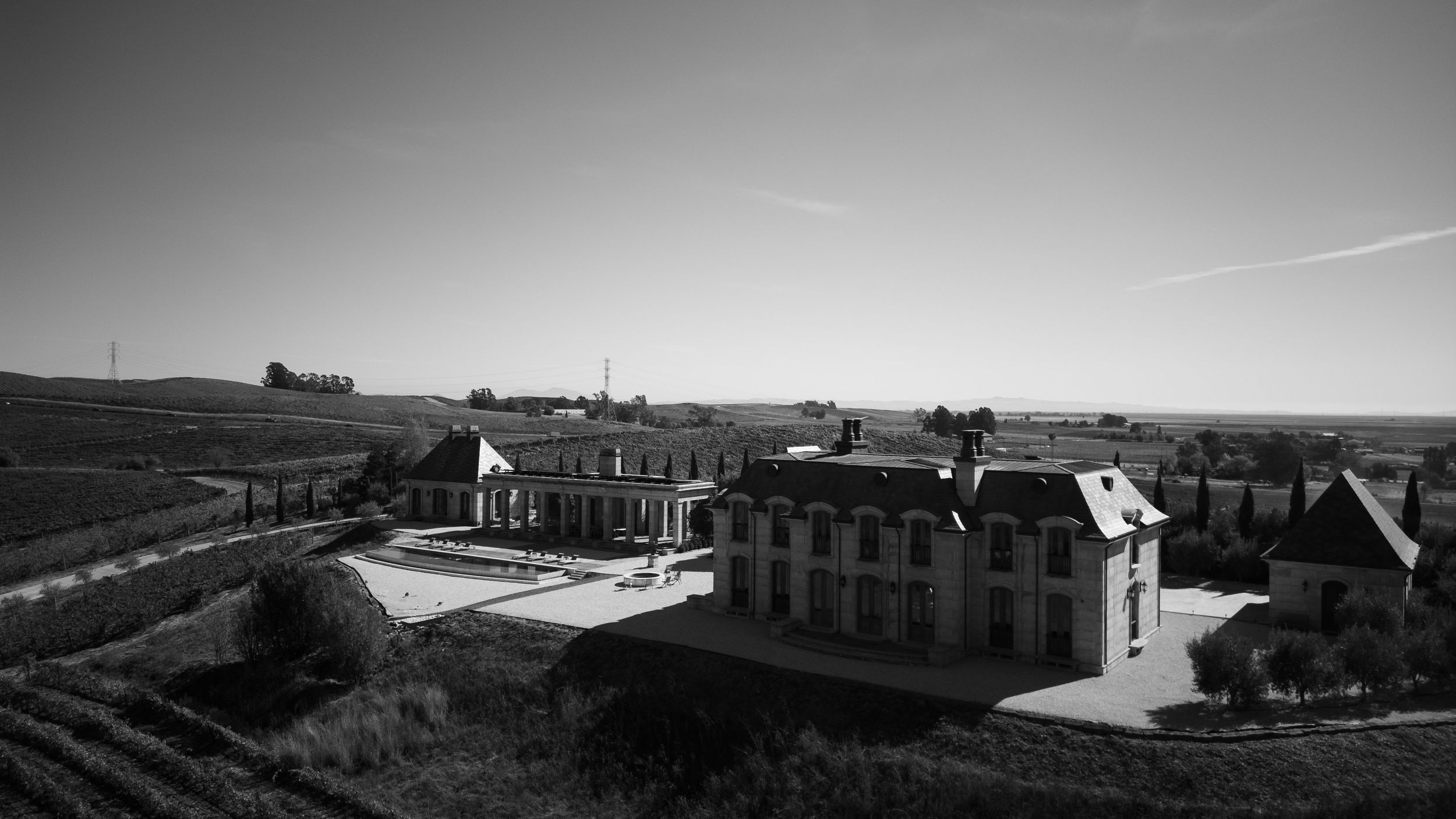 Aerial view of a grand estate with vineyard rows stretching into the distance.