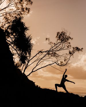 Silhouette of person doing yoga poses against sunset sky with trees in background.
