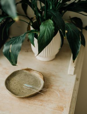 Minimalist ceramic plate with textured surface sits on light wooden table next to green monstera plant leaves.