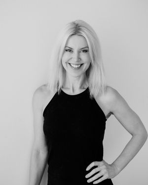 Black and white studio portraits showing joyful expressions in sleeveless black top.