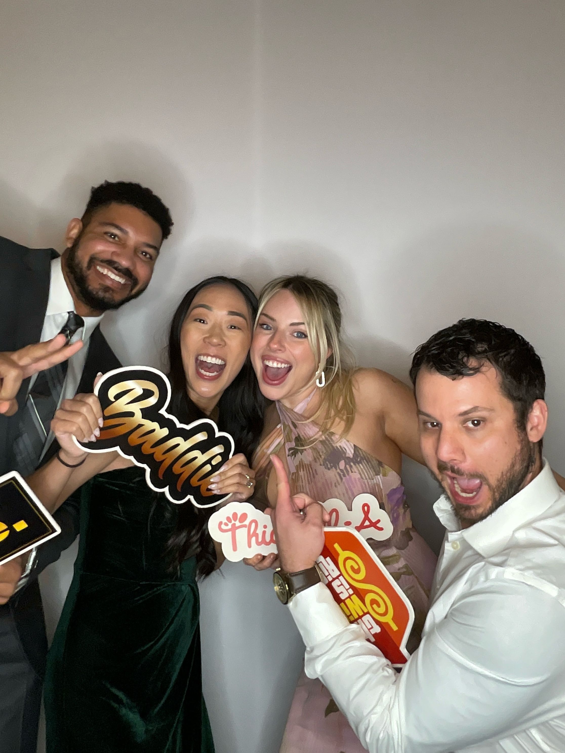 A sequence of candid party photos showing friends posing together in a casual indoor setting.