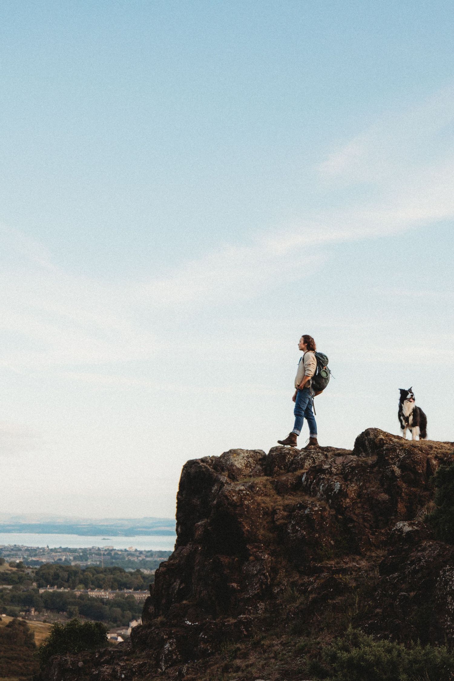 A hiker and their dog stand atop a rocky cliff overlooking a distant valley under a pale blue sky.
