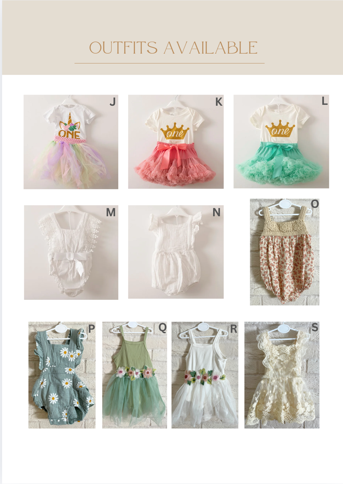 Collection of colorful tulle tutus, sparkly birthday crowns, and party outfits for baby's first birthday celebration displayed.
