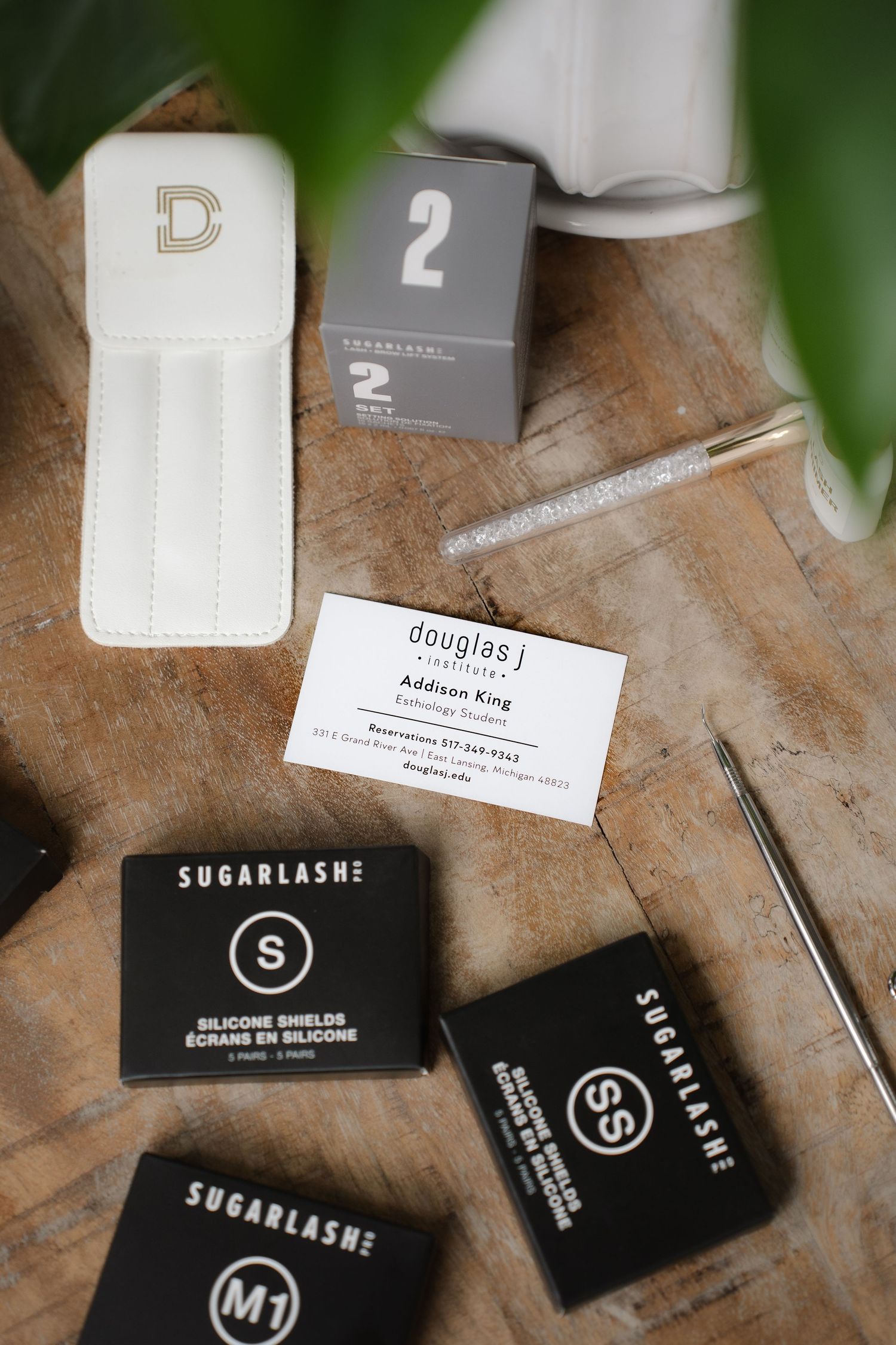 Collection of minimalist black and white business cards displayed on wooden surface with plants.