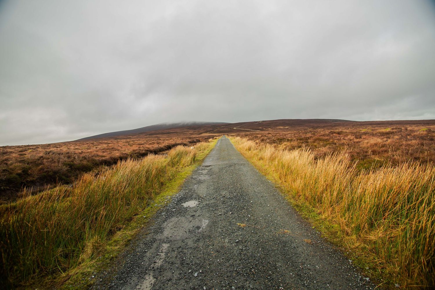 Winding road through a rugged boglands landscape under moody grey skies in rural wicklow countryside.