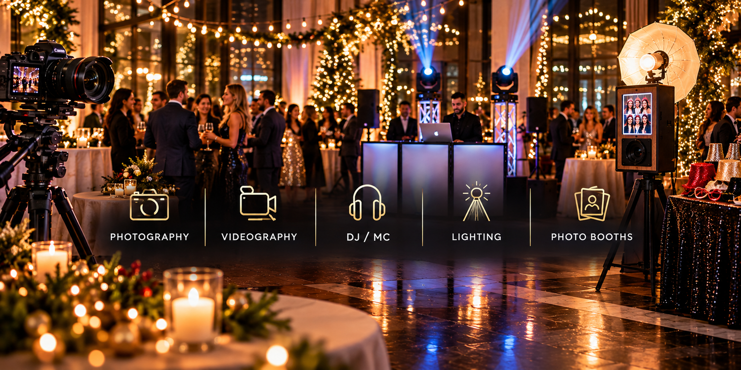 Elegant private events banner featuring wedding photography, videography, DJ, lighting, and photo booth services with a couple silhouette.