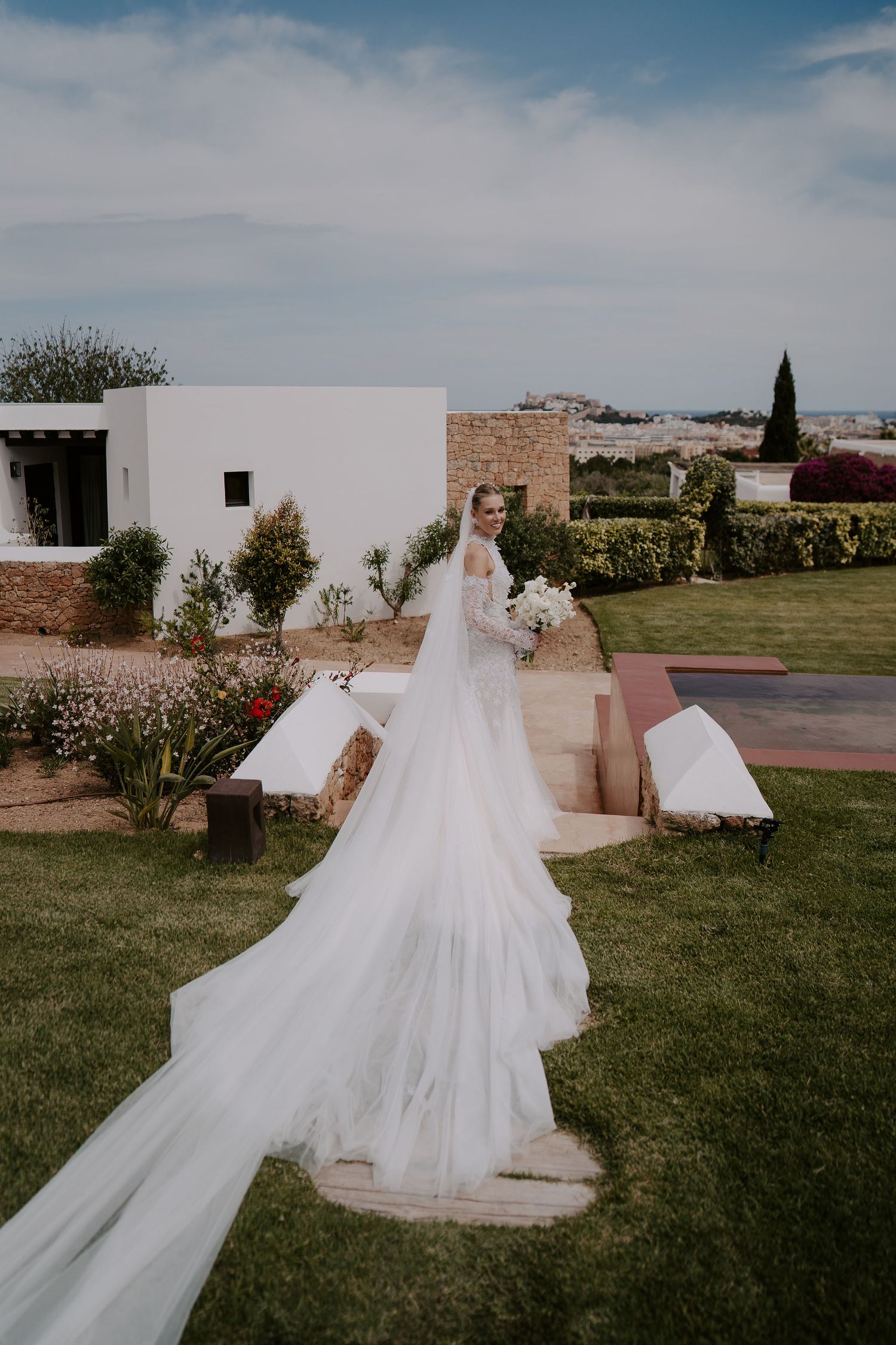 bride smiling wearing Emma Beaumont dress at casa maca ibiza