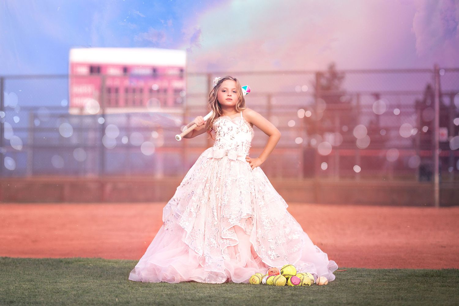 A sequence of baseball field photos with a figure in a pink dress posing at different angles during sunset.