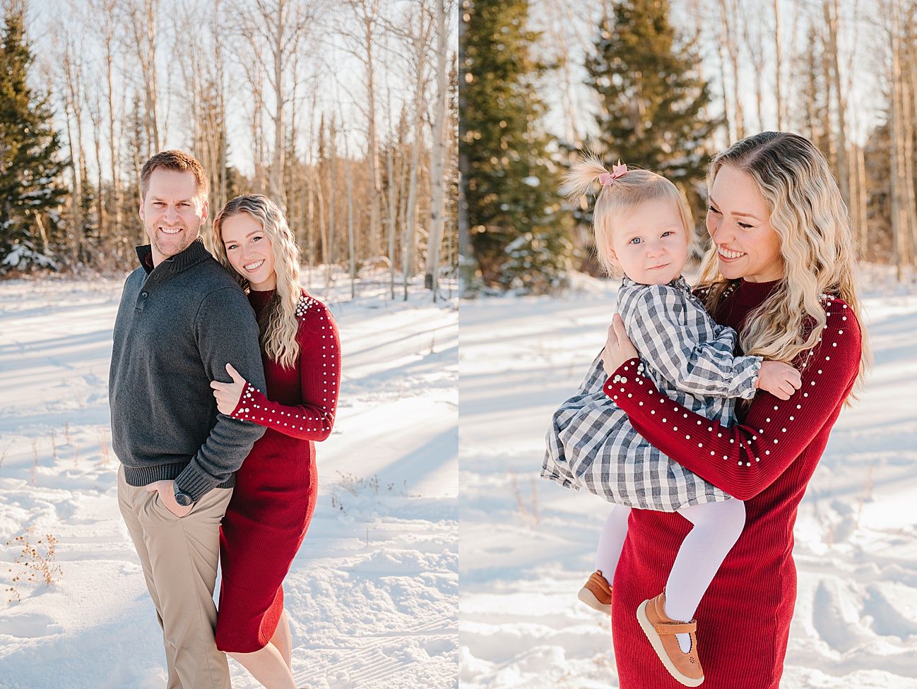 Family enjoying a winter photoshoot in the snow with evergreen trees and birch forest in the background.