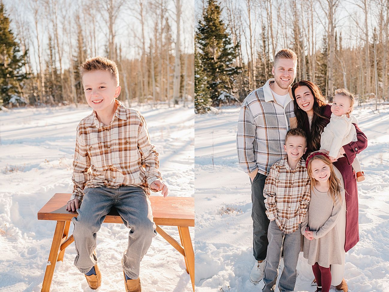 A winter family photoshoot in the snow featuring a wooden bench and evergreen trees in the background.