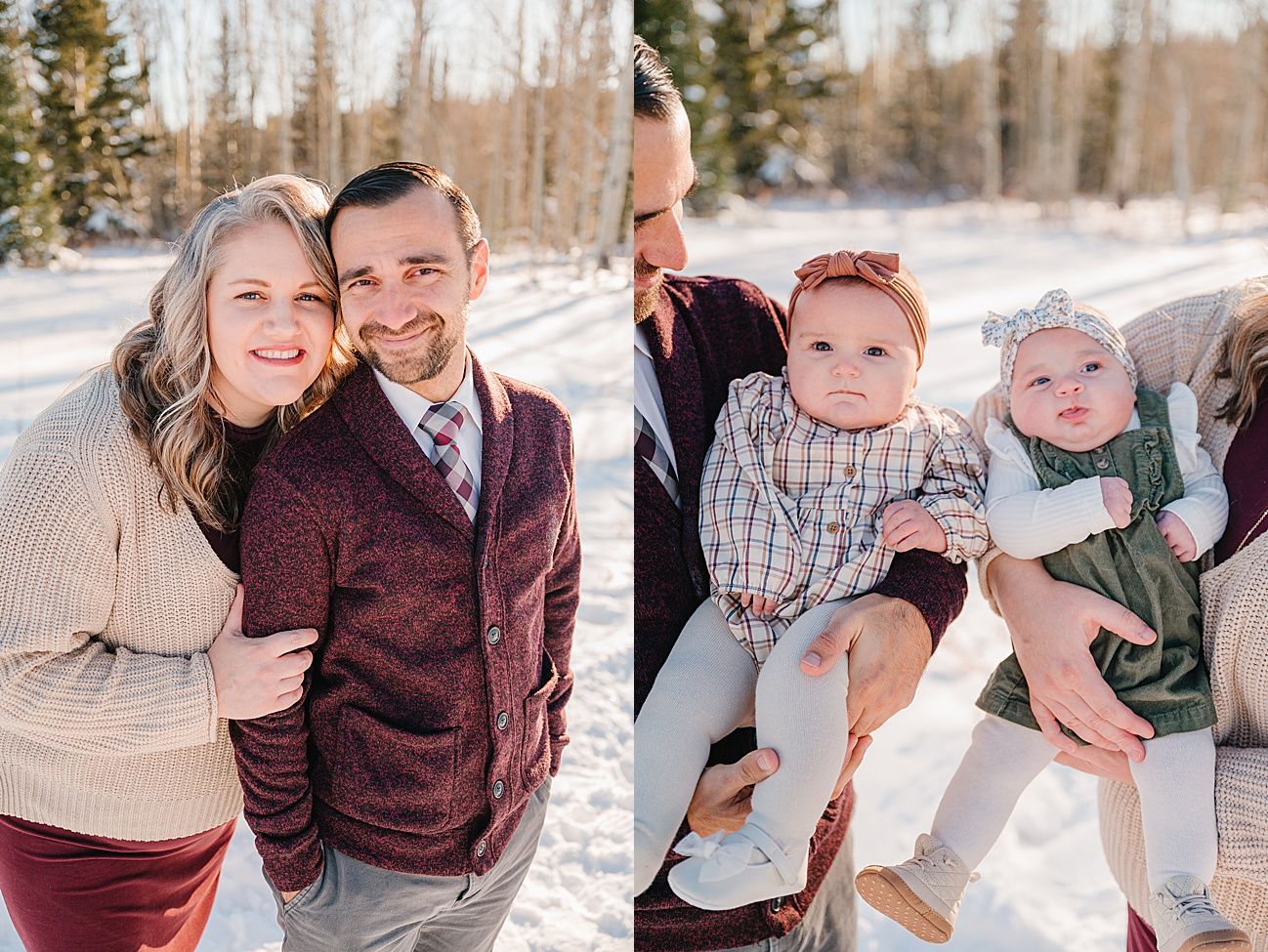 A couple and two babies pose together in a winter forest setting with snow on the ground.
