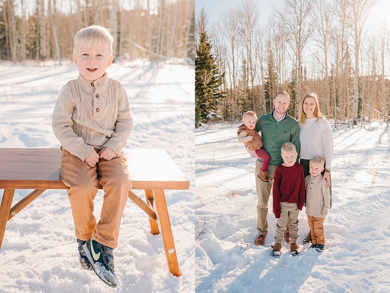 Family enjoying a winter photoshoot in the snow with birch trees and warm clothing on a bright sunny day.