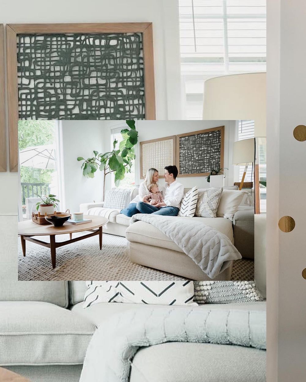 A bright modern living room features a plush white sectional sofa with decorative pillows and abstract wall art.