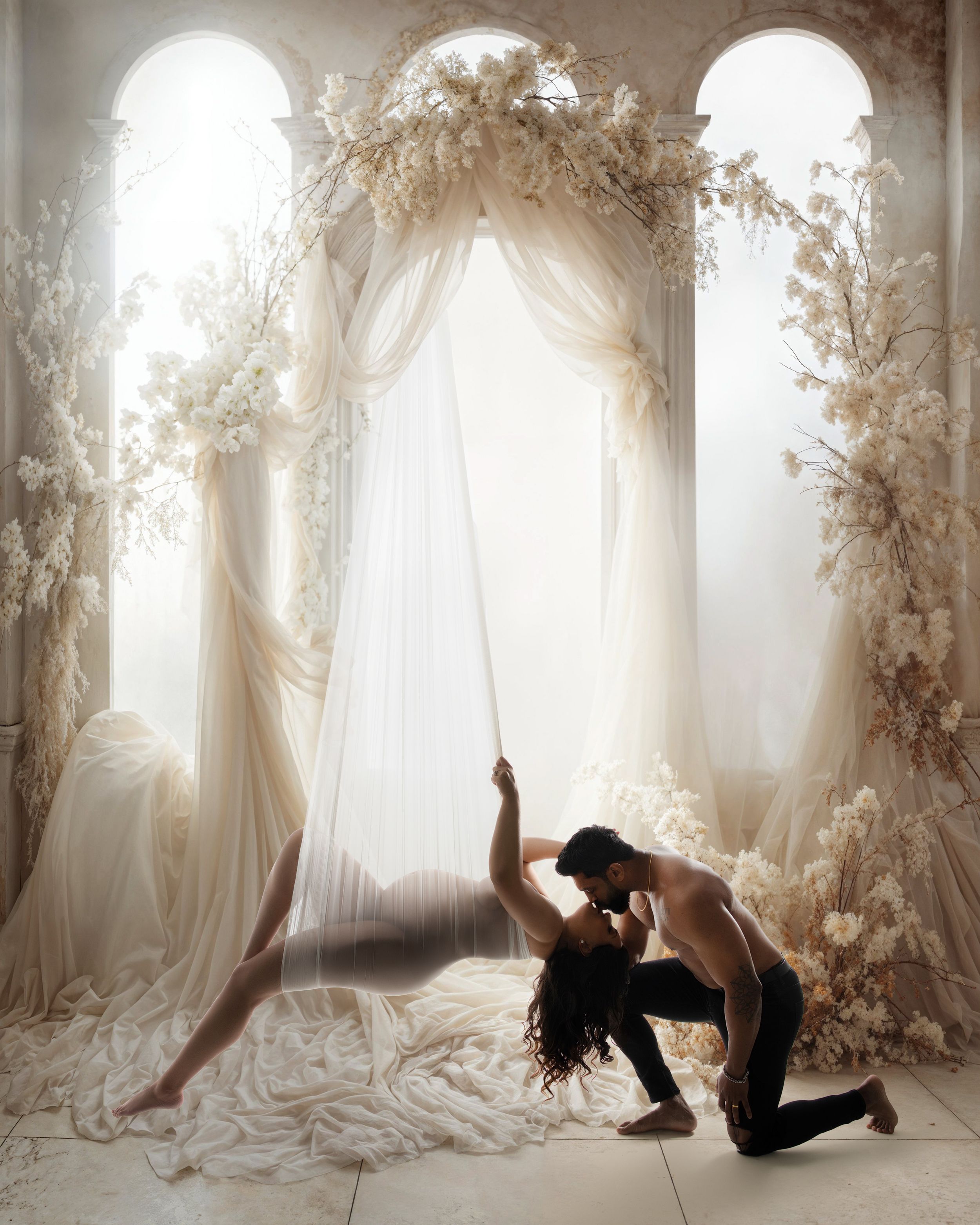 Dreamy collection of ethereal boudoir photos with white curtains and natural light creating a romantic atmosphere.
