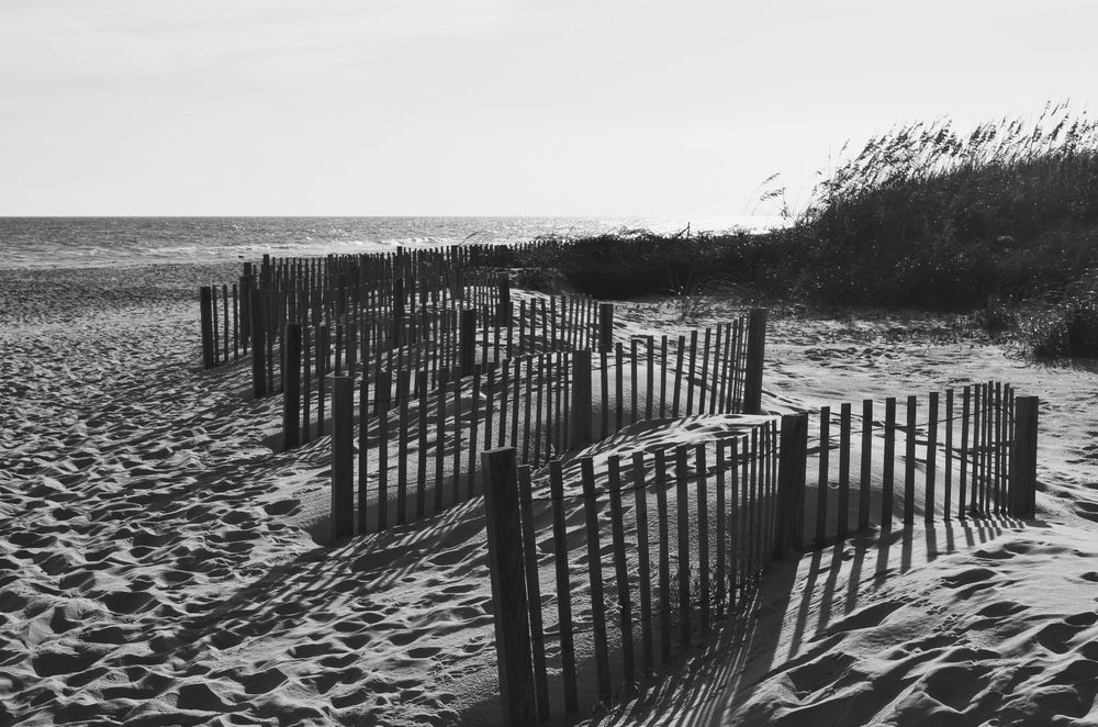 A black‑and‑white coastal scene features zigzagging sand fences casting long shadows across textured dunes.