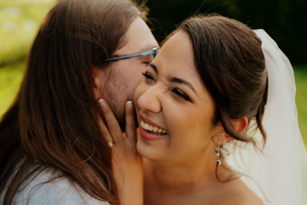 A romantic sequence of wedding photos showing tender moments between a couple during their special day.