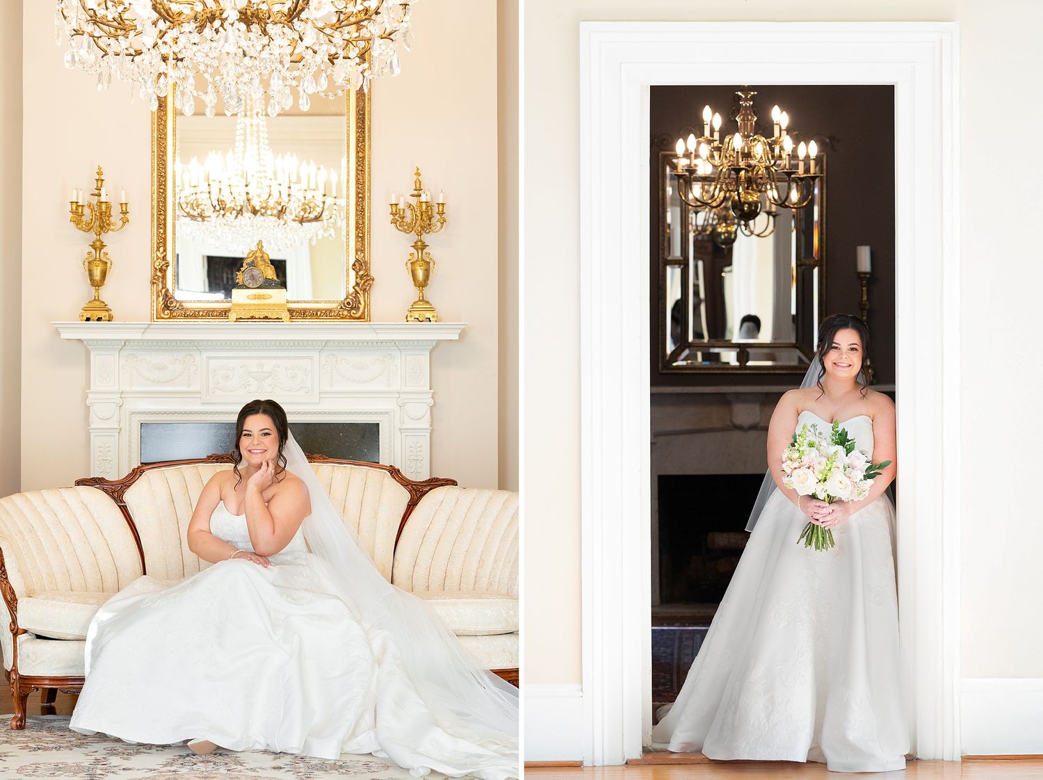 A collection of elegant wedding photos showing a bride in a white gown in various formal indoor settings with chandeliers.