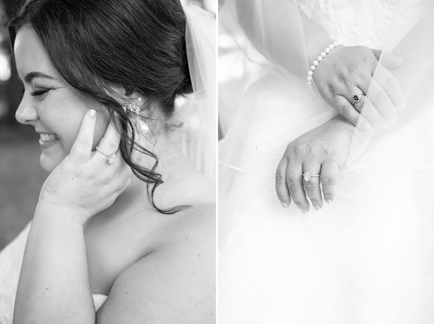Black and white wedding photo diptych showing joyful expression and elegant ring details.