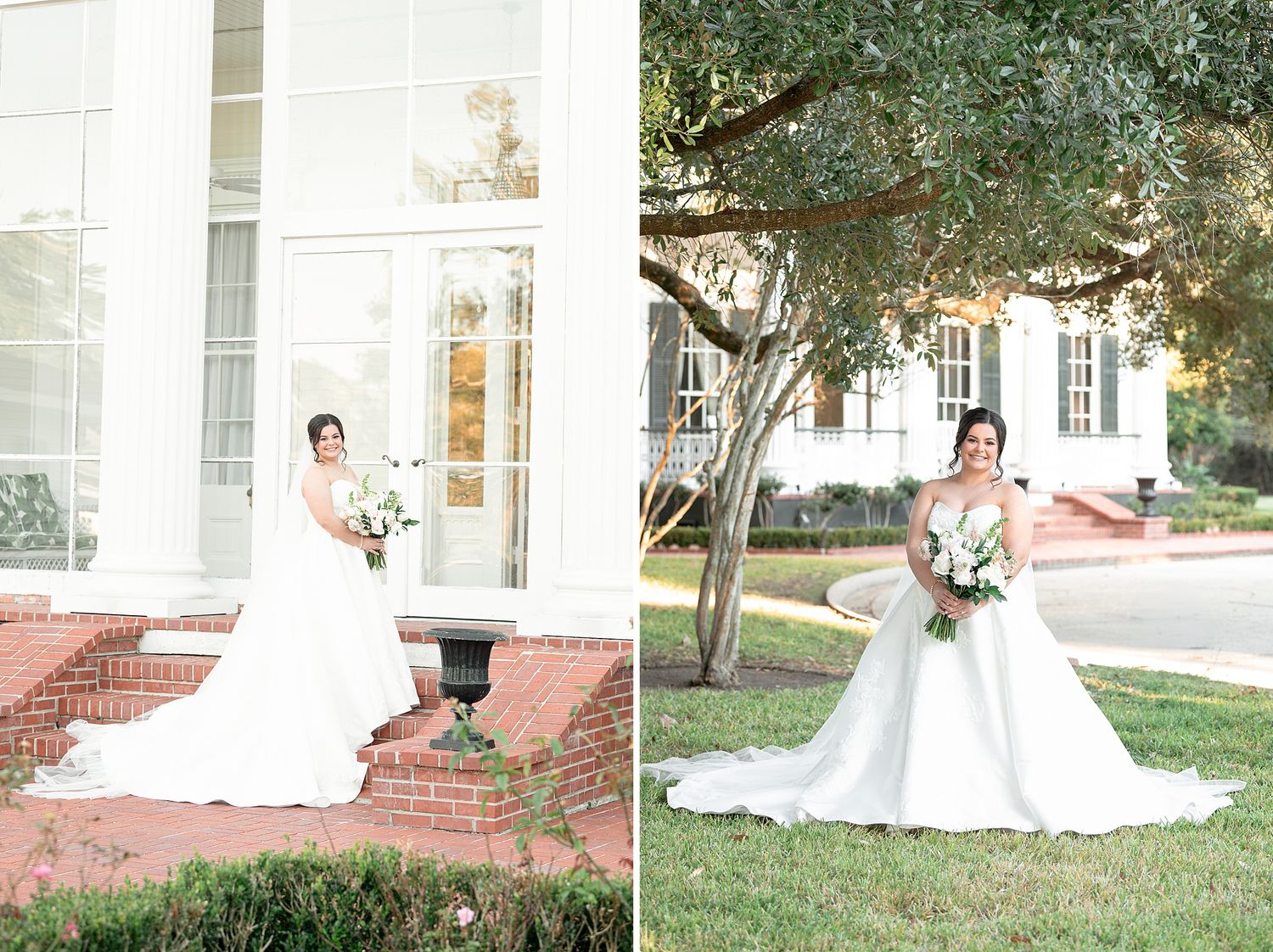 A bride stands in front of a white building holding a bouquet while wearing a classic white wedding gown.