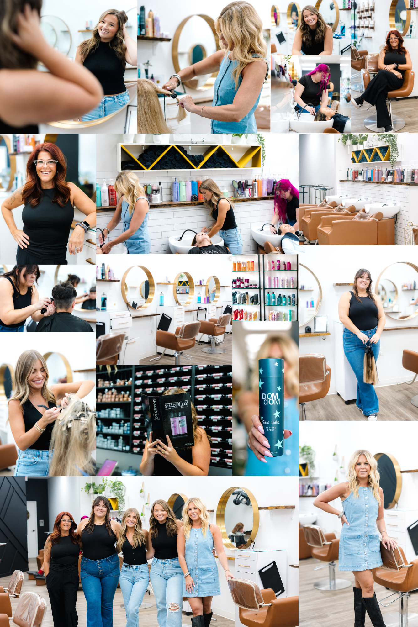 Collage of lifestyle product photography showing women shopping, trying on clothes, and browsing retail displays.