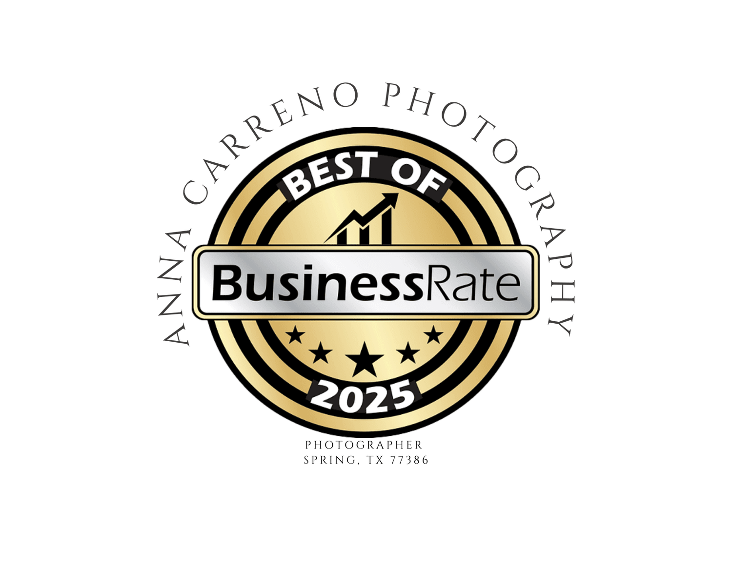 Best of BusinessRate 2025 award for Anna Carreno Photography in Spring Texas