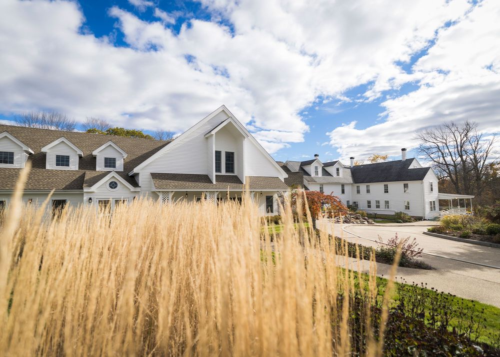 White residential buildings with dormers viewed through tall autumn grasses.