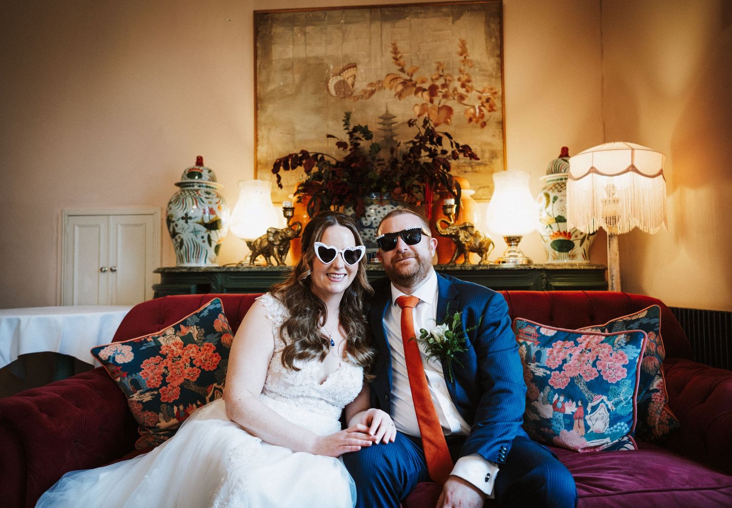 Series of candid wedding moments showing couples sitting together in various indoor settings.