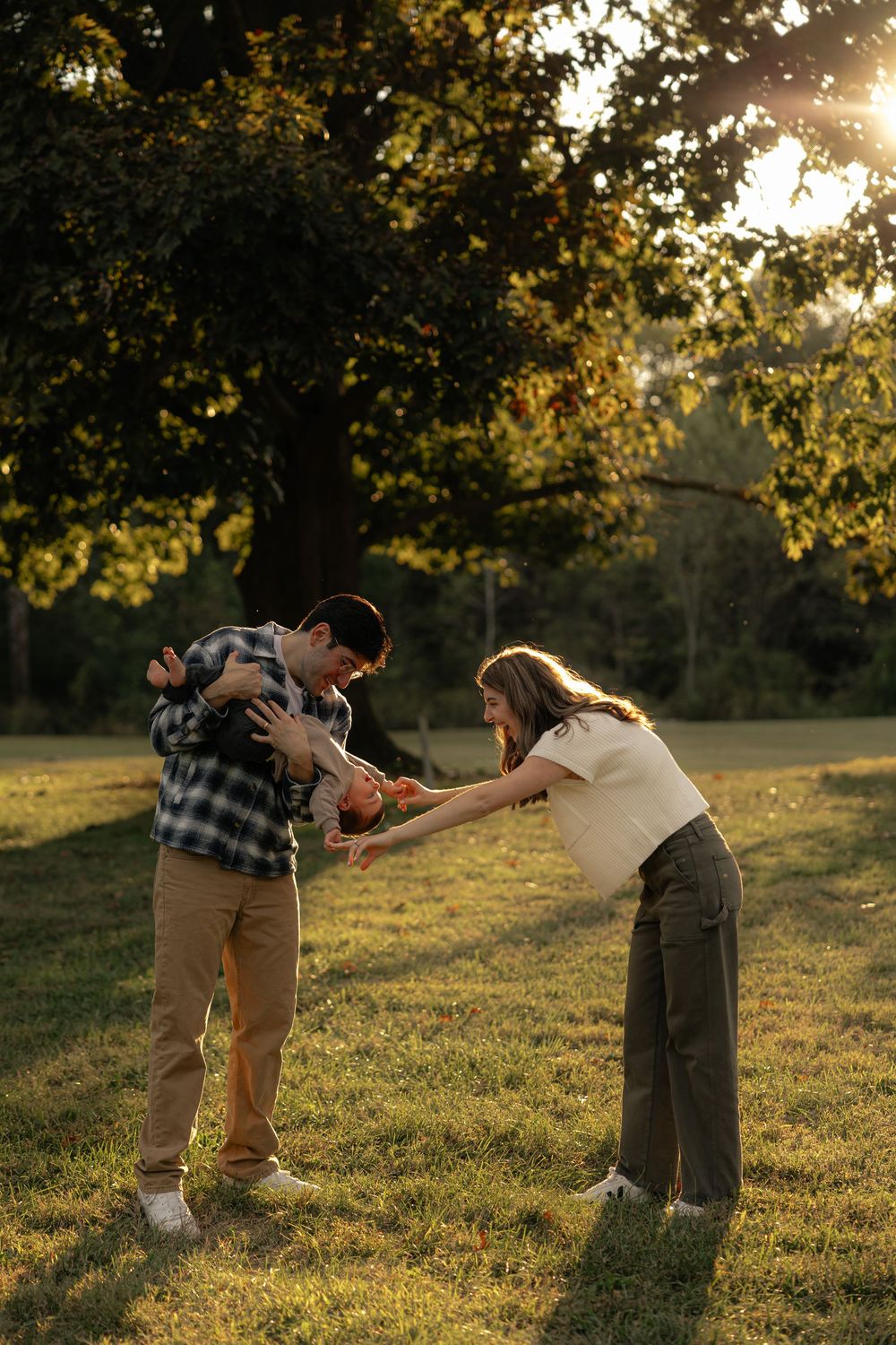 Playful family interaction during sunset photo session in grassy field.