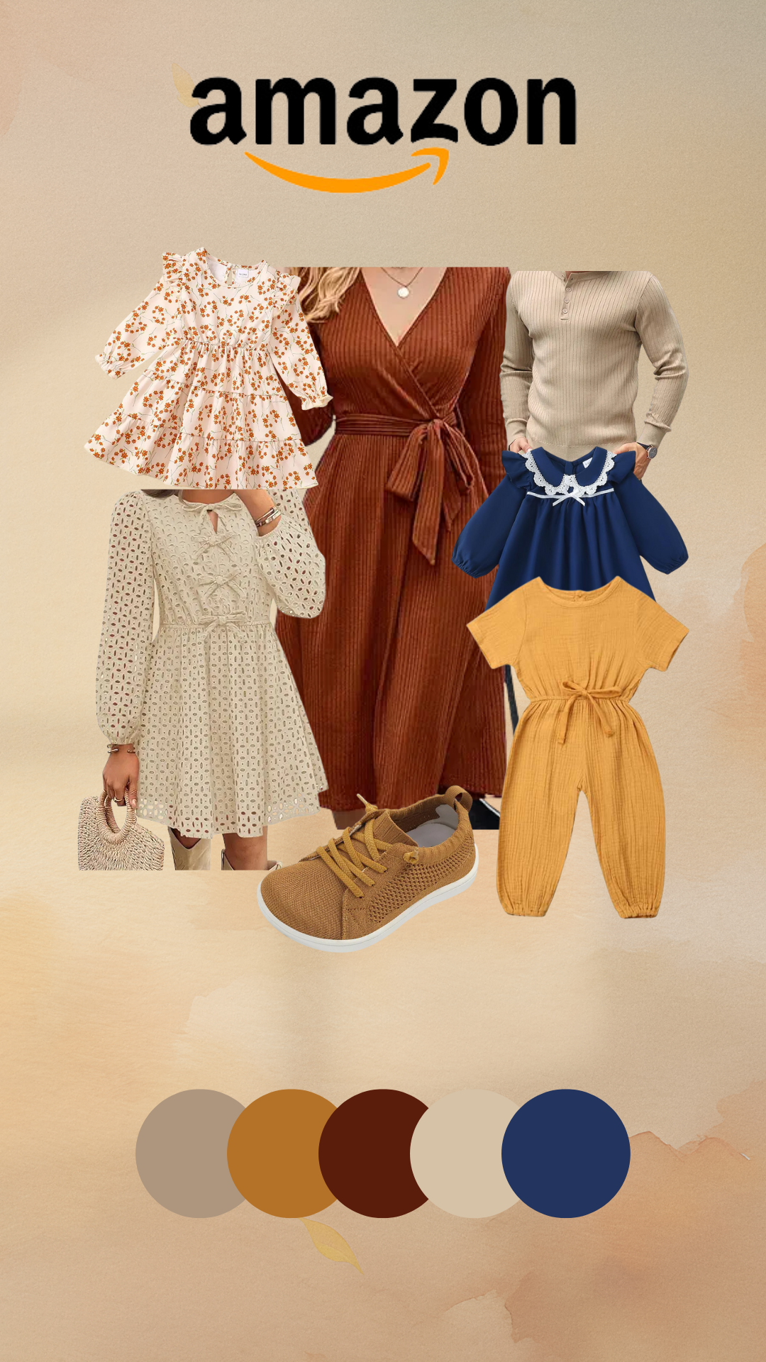 Collection of coordinated baby clothing sets in neutral earth tones and polka dot patterns from Amazon. family outfits fall photo shoot